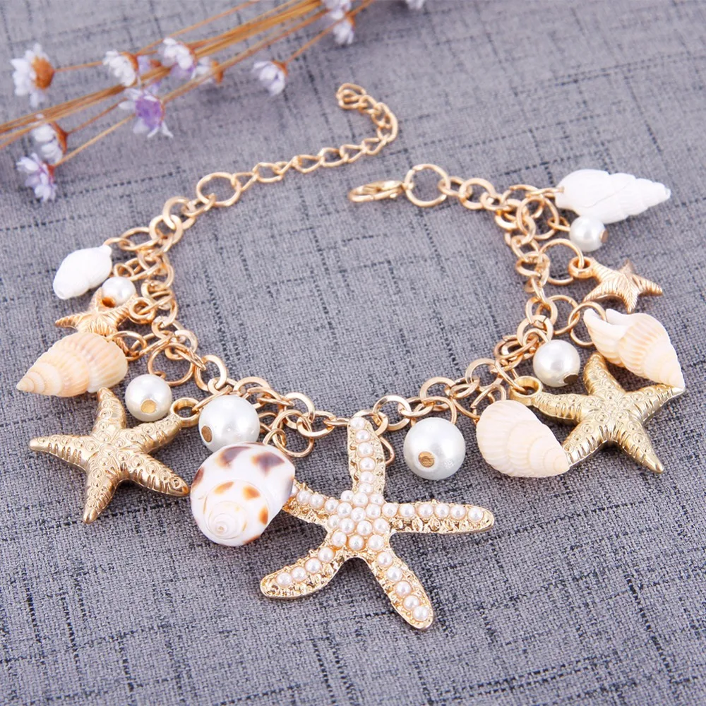 

Hot Selling Ocean Style Multi Starfish Sea Star Conch Shell Pearl Chain Beach Bracelet Bangle Novelty Holiday Accessories