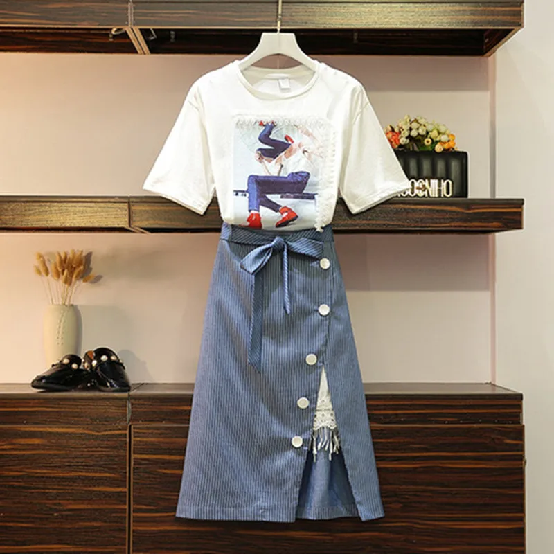 

High Quality Women Character Print Lace Cotton Tshirt Tees+Belt Bow Stripe Button Split Skirt 2PCS Suits Large Size Skirts Sets