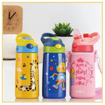 

400ml Baby's Vacuum Flasks Water Straw Bottle Handgrip Bag Children Powdered Milk kettle 316 Stainless steel Thermos Straw Cups