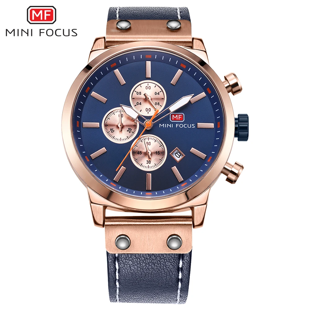 

MINI FOCUS Men's Chronograph Analog Quartz Watch with Date, Luminous Hands, Waterproof Leather strap Strap Wristswatch for Man
