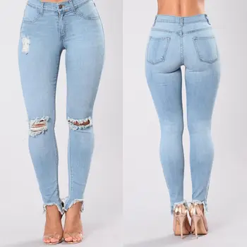 

2017 New Fashion Women Ladies Skinny Stretch High Waist Jeans Denim Pants Ripped Knee Women Pencil Jeans Trousers