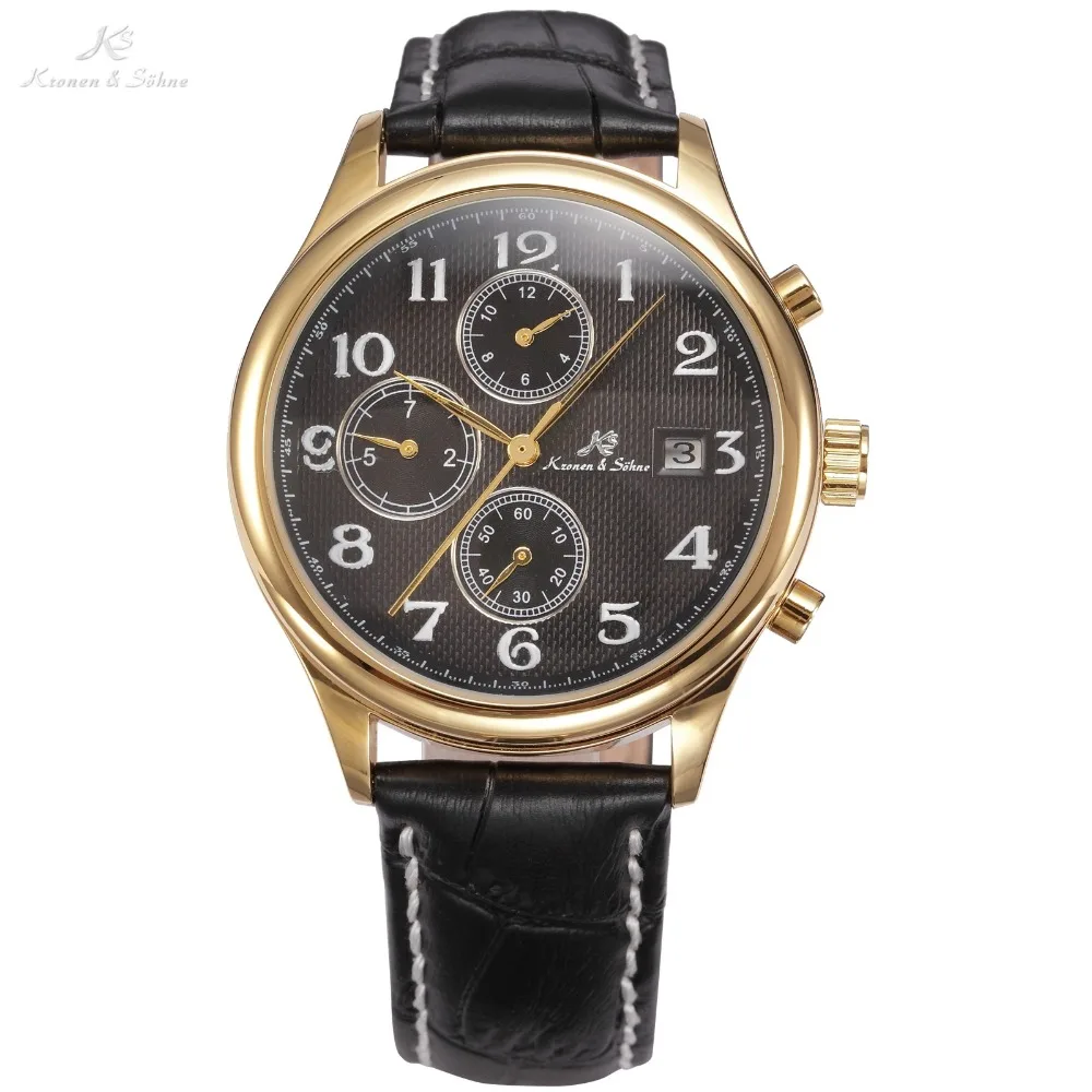 

KS IMPERIAL Series Date Month Day Display Men Dress Golden Case Luxury Black Leather Strap Automatic Mechanical Watches / KS157