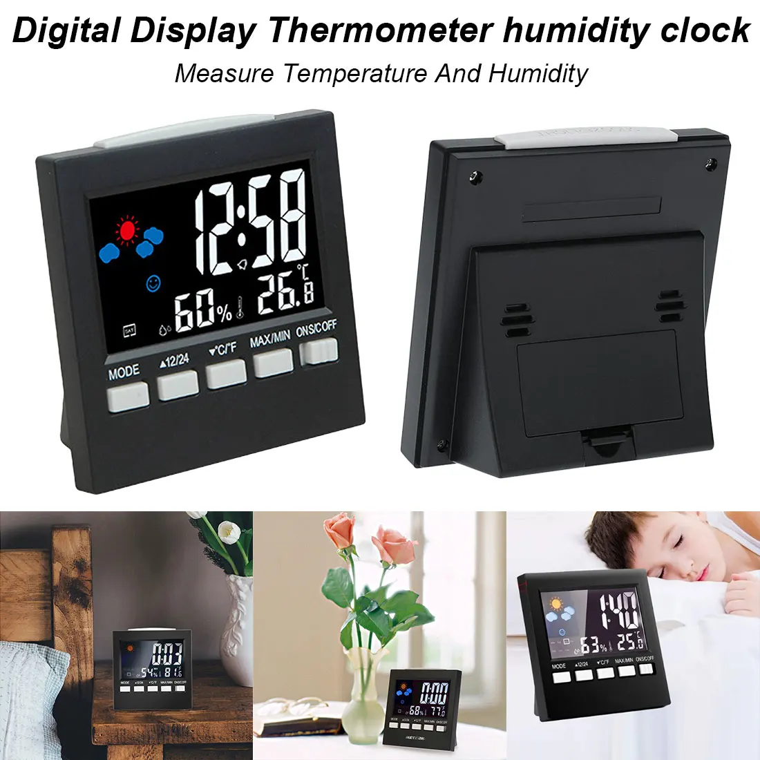 

Black Digital Thermometer Hygrometer Clock LCD Alarm Calendar Weather station Forecast Display 6IN1 Multi-function