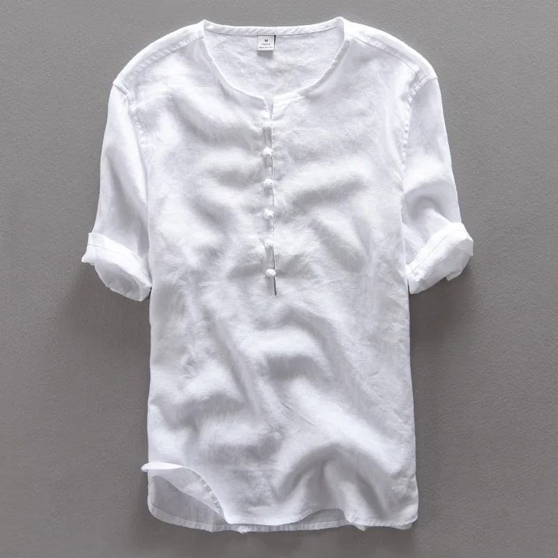 

Plate buckle Design collarless Traditional modern style pure linen shirt men summer short sleeve white men shirts brand camisa
