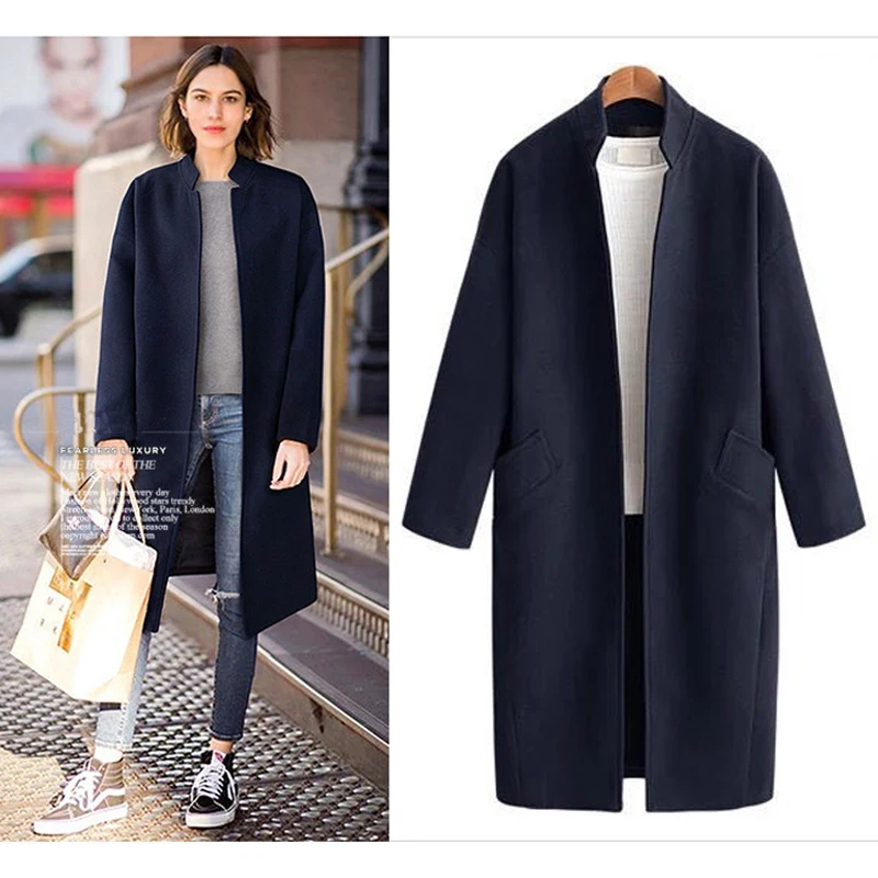 

Autumn Winter Coat Women Woolen Coat Outwear Tops Vintage Contrast Color Long Cardigan Outwears