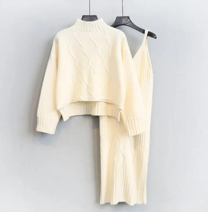 Новинка, осенне-зимний женский свободный пуловер с высоким воротником со стразами, свитер+ трикотажное платье без рукавов, комплект из двух предметов, женское платье