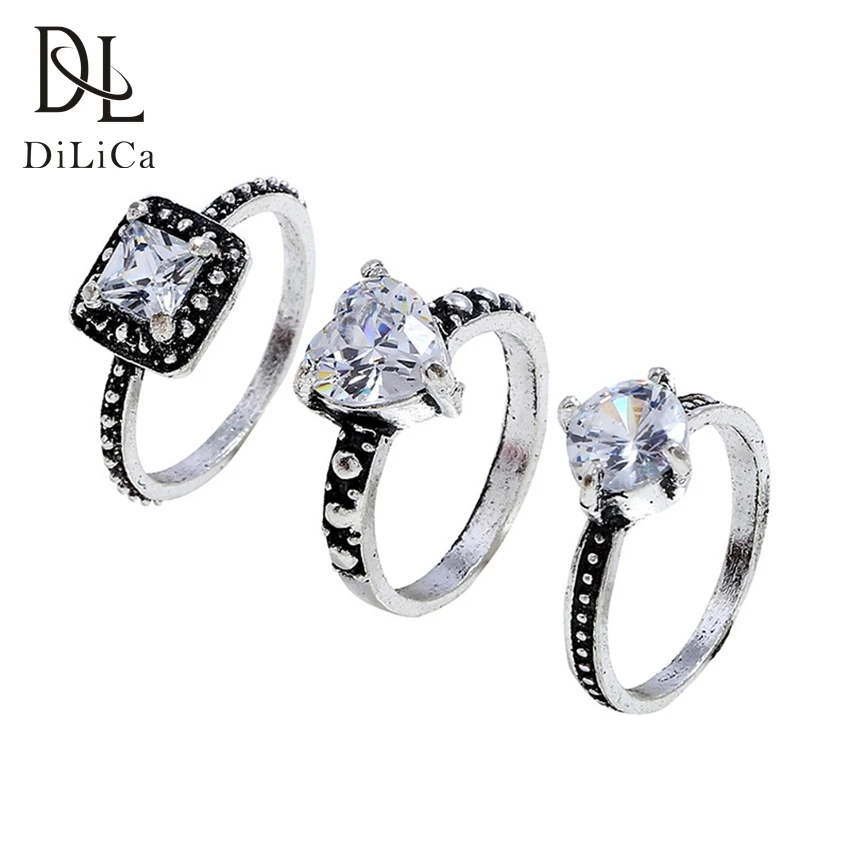 DiLiCa 3PCS/Set Fashion Rings for Women Crystal Heart Statement Finger