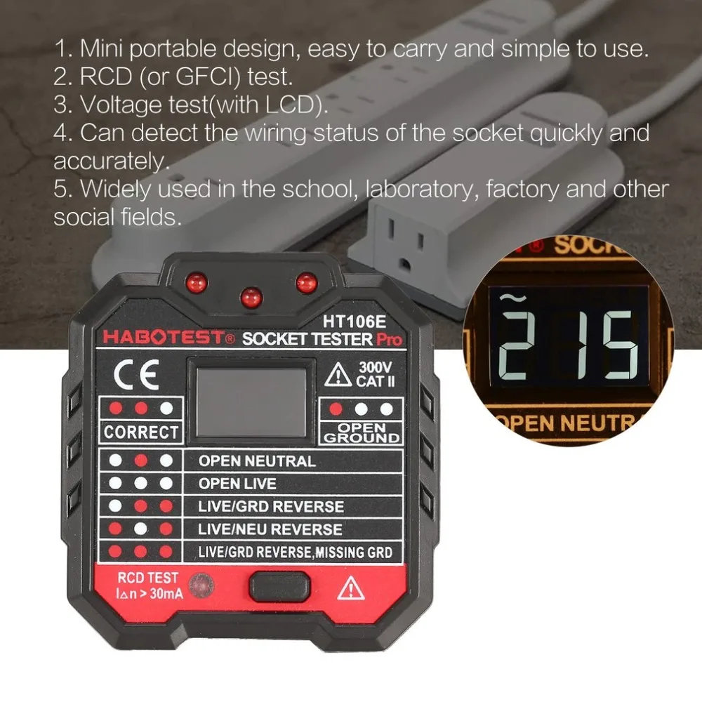 

HABOTEST HT106E Socket Testers Voltage Test Socket detector UK Plug Ground Zero Line Plug Polarity Phase Check