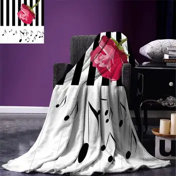 

Modern Throw Blanket Hand Drawn Red Rose on Piano with Musical Notes Romantic Instrumental Art Warm Microfiber Blanket