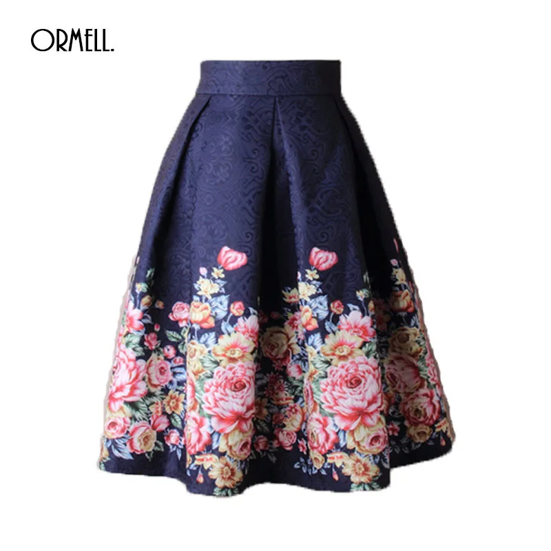 

ORMELL 2019 Summer Women Skirt Vintage Embroidery Floral Print High Waist Ball Gown Pleated Midi Skater Skirts Saias for Girls