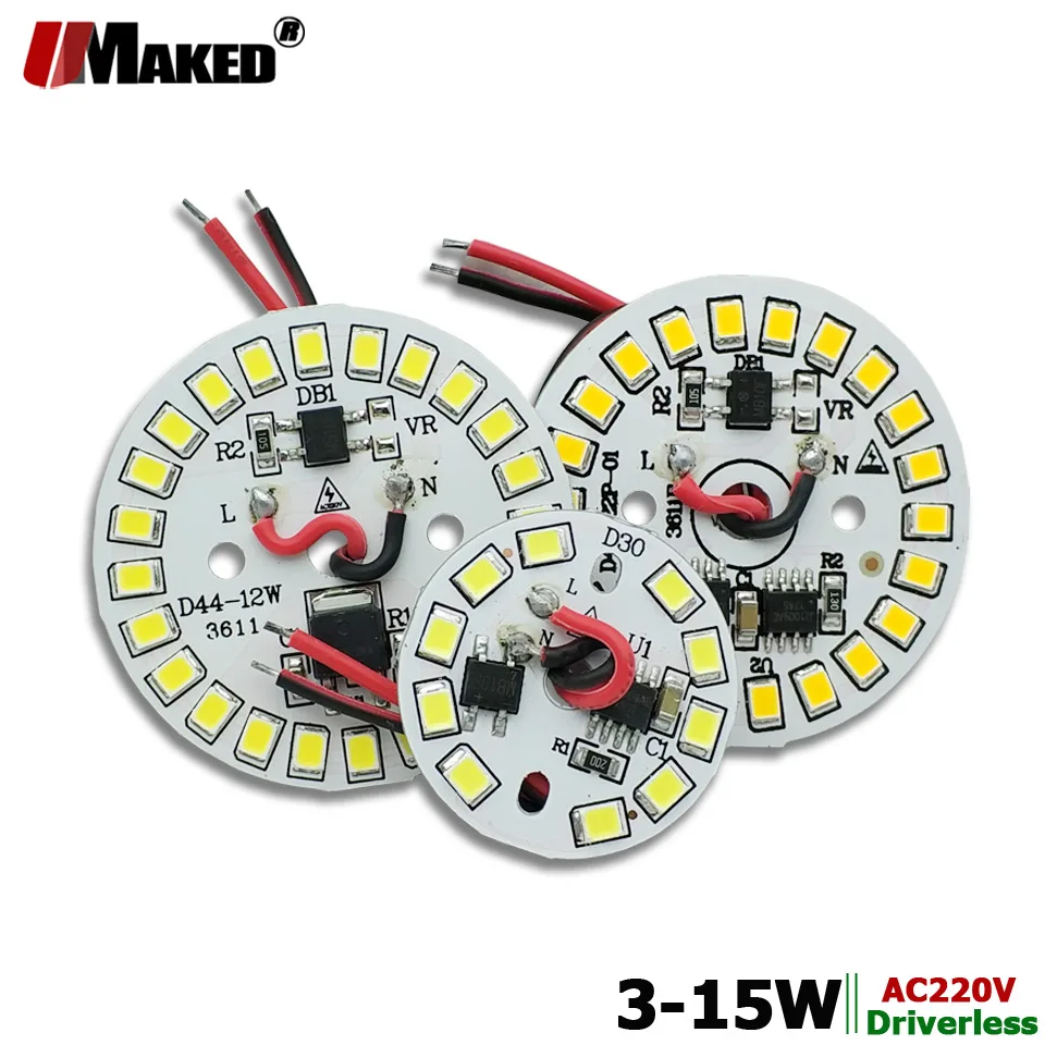 

5pcs AC220V LED PCB Smart IC Driver Lamp panel 3W 5W 7W 9W 12W 15W SMD2835 Light source Tinned 20cm Cable for LED blub Downlight