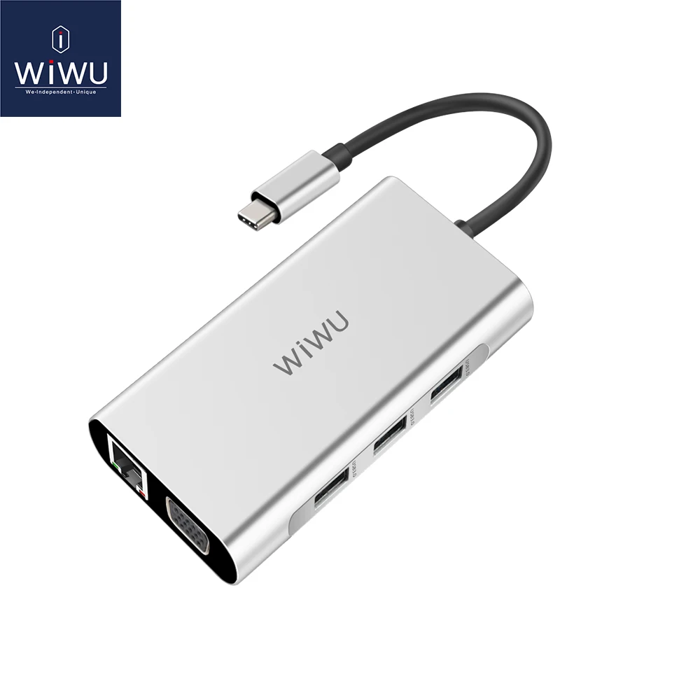 WIWU 10 в 1 usb-хаб для MacBook USB C к HDMI/VGA/RJ45 Thunderbolt 3 адаптер для Dell/samsung/huawei P20 Pro type-c USB 3,0 концентратор - Цвет: Серебристый