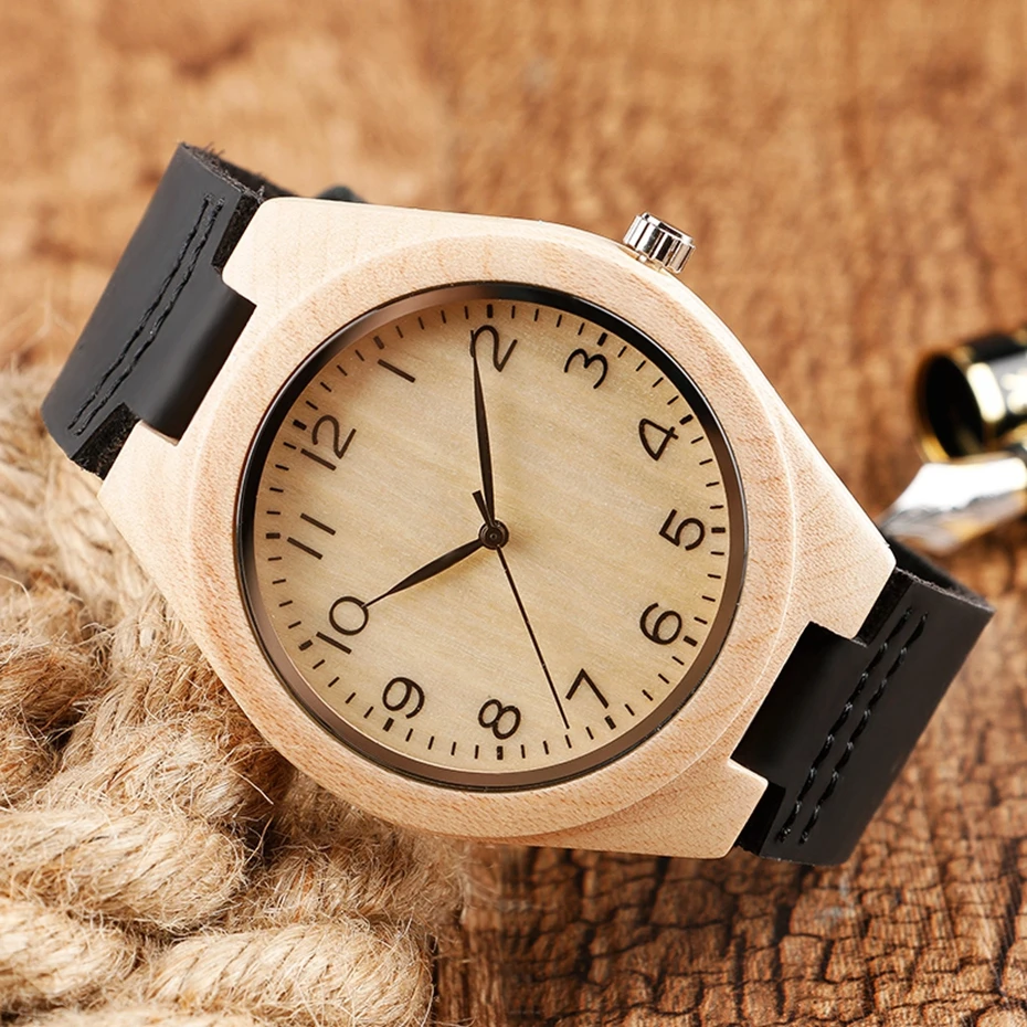 Wooden Watch Modern Trendy Mens Women Sport Watch Natural Bamboo Simple Analog Wood Quartz Hour Clock Genuine Leather Band Strap 2017 (22)