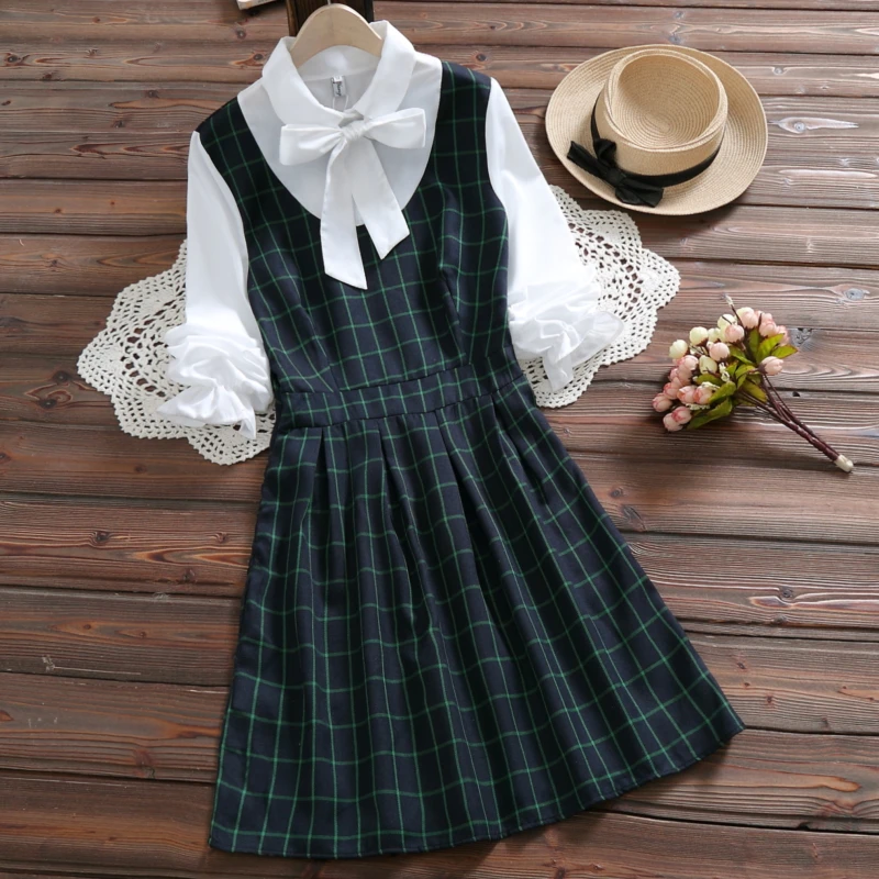 

Mori girl cute kawaii plaid dress 2019 spring new arrival preppy style bow long sleeve sweet college pleated dress