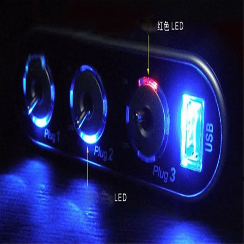 

High Quality 3 Way Triple Car Cigarette Lighter Socket Splitter 12V/24V +USB+LED Light Switch