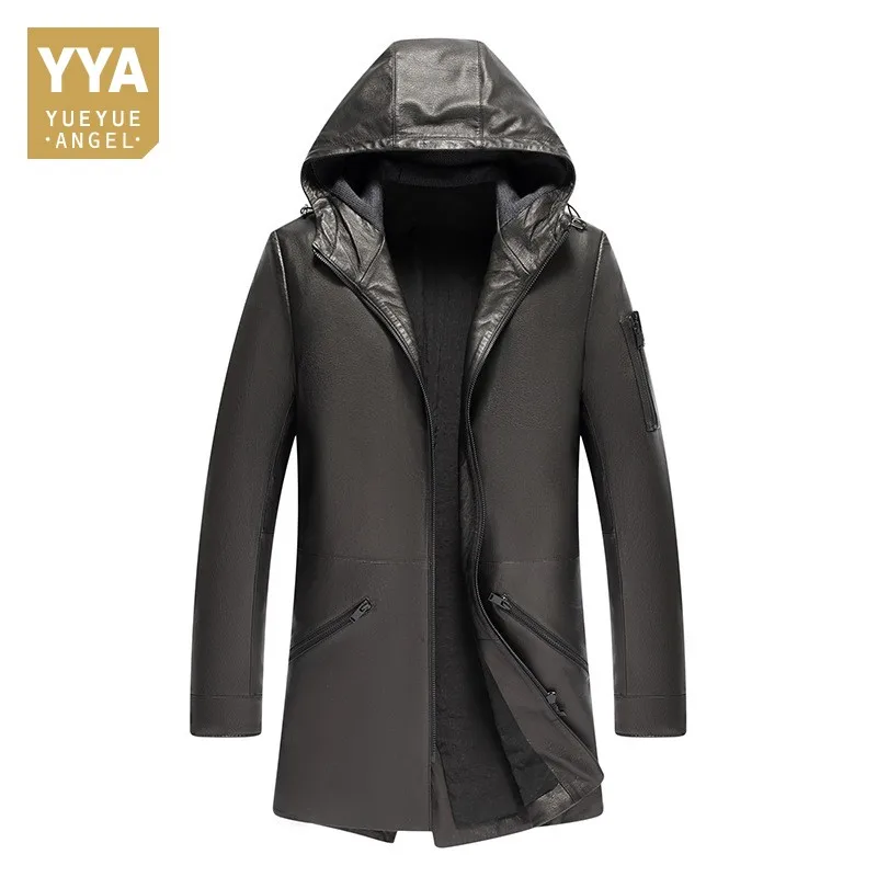 

High Quality For Mens Sheepskin Jacket Fashion Real Leather Motorcycle Jacket Casual Hoody Leather Trench Long Coats Plus Size