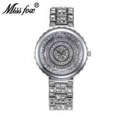 MISSFOX супер блестящие Кварцевые часы женские круглые позолоченные черные аналоговые китайские часы Стразы Ouro противоударные водонепроницаемые часы - Цвет: 18622