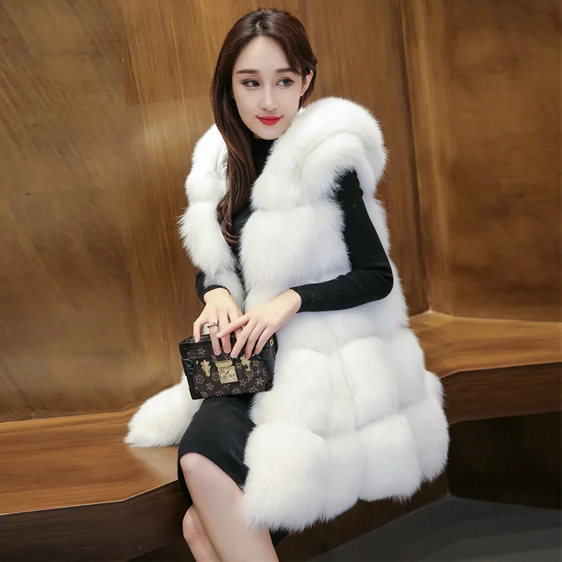 Женское пальто из искусственного меха, Осень-зима, модное повседневное теплое меховое пальто без рукавов с капюшоном, юбка из искусственного лисьего меха, женский меховой жилет - Цвет: Белый