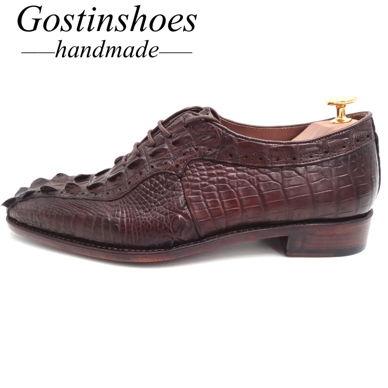Goodyear Welted Handmade Men Dress Shoes Luxury Brown Genuine Crocodile Skin Lace-up Pointed Toe Men Formal Shoes Oxford GSTN014
