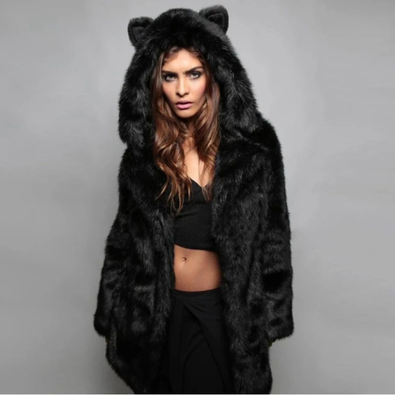 2018 Thick Winter Women Faux Fox Fur Coat Casual Plus Size Hooded Fur