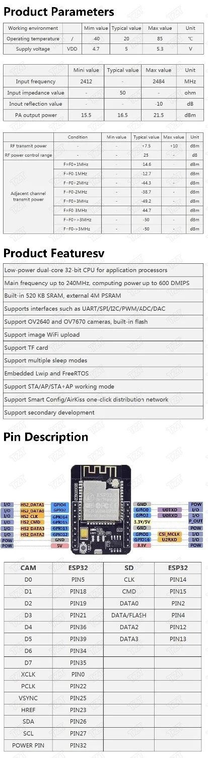 TZT ESP32-CAM WiFi+ модуль Bluetooth модуль камеры макетная плата ESP32 с модулем камеры OV2640 2MP для Arduino
