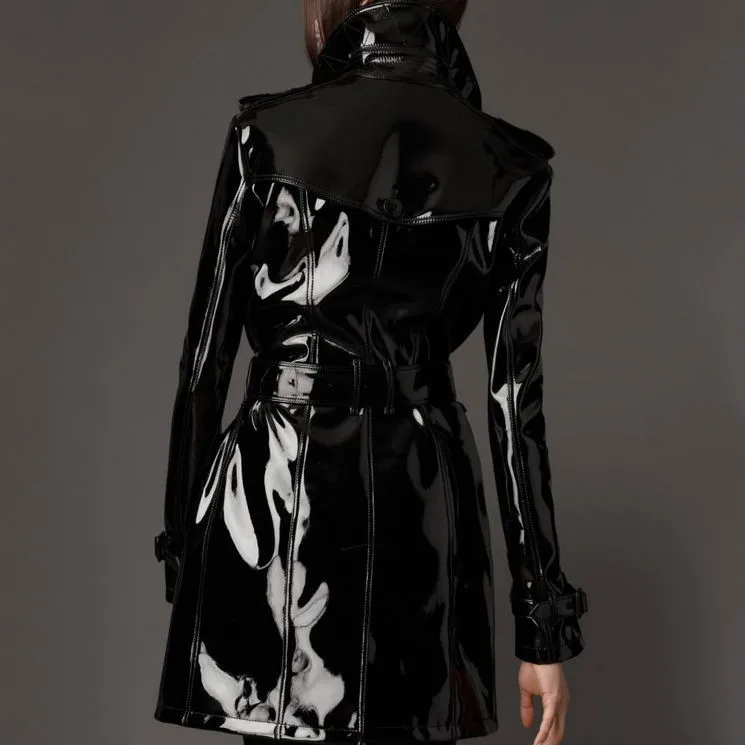patent leather raincoat with hood
