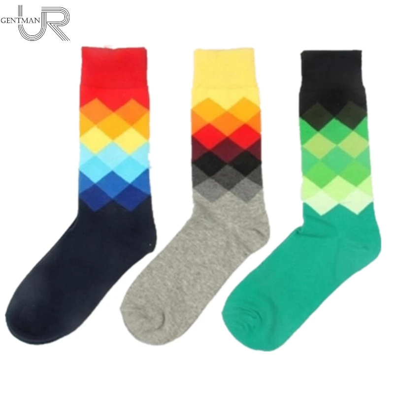 Men' Socks British Style Plaid Gradient Color Long Cotton Socks For Men Wholesale Socks Fit Eur 39-46 10 Colors