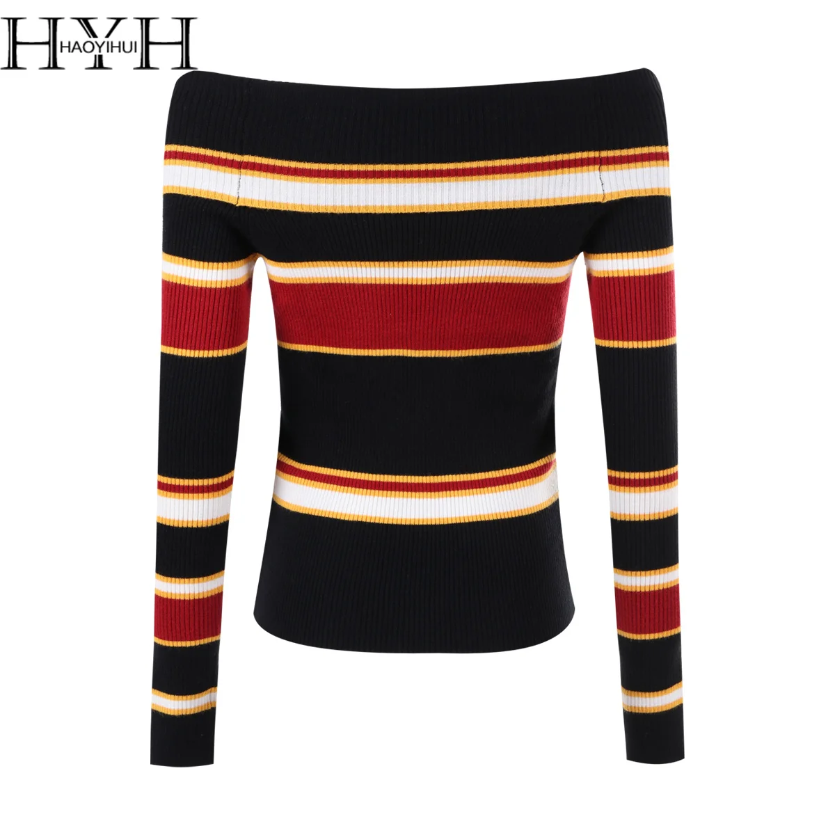 

HYH HAOYIHUI Sexy Women Sweaters Multicolor Stripe Off Shoulder Female Pullovers Ladies Casual 2018 Autumn New Fashion Tops