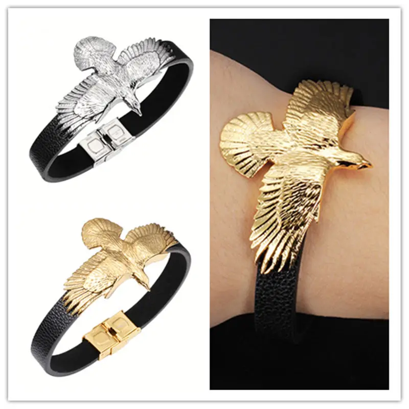 

Fashion New Style Trendy Men's Jewelry Black Leather Silver/Gold Stainelss steel Eagle Charm Wrap 11mm Bracelet Wristband Chain