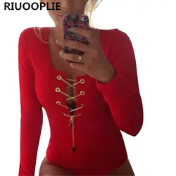 RIUOOPLIE сексуальный глубокий v-образный вырез на шнуровке комбинезон женский комбинезон облегающий длинный рукав комбинезон