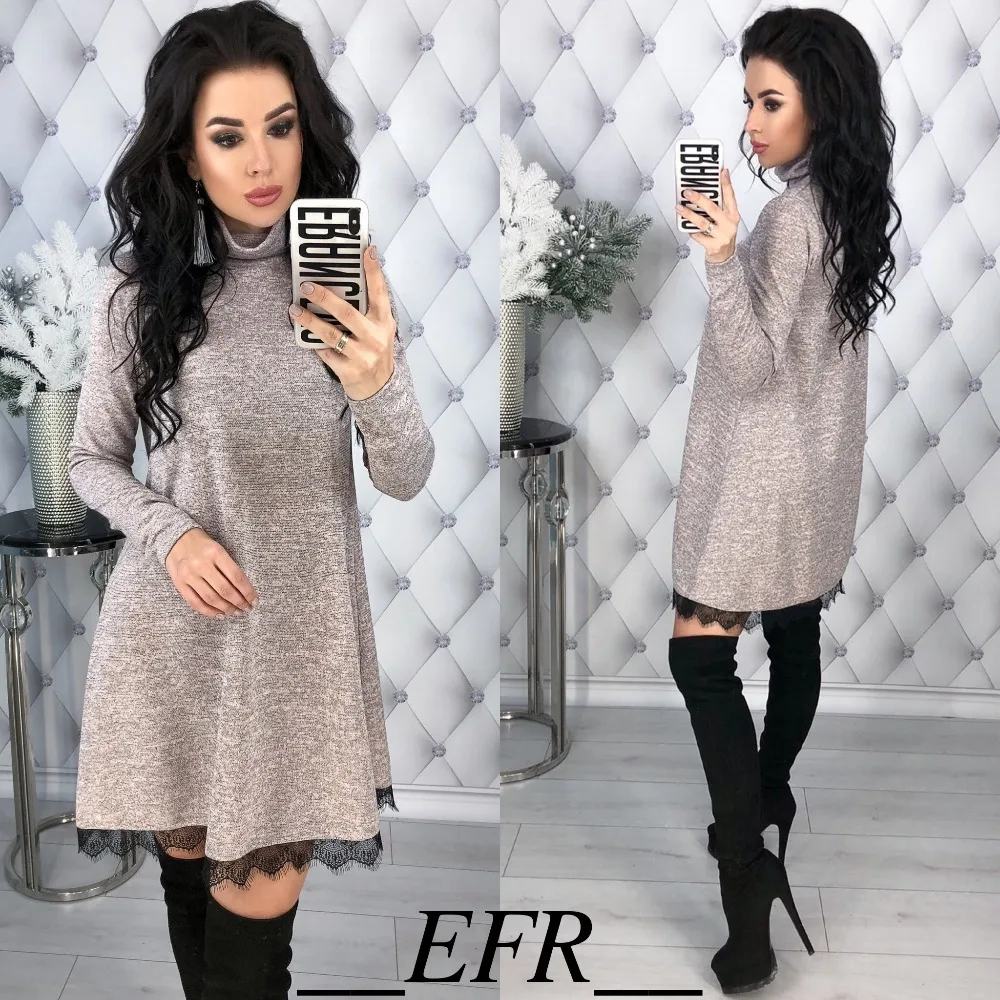 Dropshipping Winter Spring Turtleneck A-line Lace Hem Long Sleeve Solid Causal Dress Women Fashion Warm Elegant DressVestidos Dropshipping Winter Spring Turtleneck A-line Lace Hem Long Sleeve Solid Causal Dress Women Fashion Warm Elegant DressVestidos