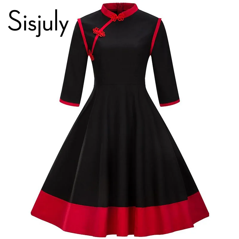 Sisjuly винтажное платье 1950-х годов осень черный лоскутное линия платья партии qipao шеи элегантный красный три четверти ретро платье - Цвет: Black