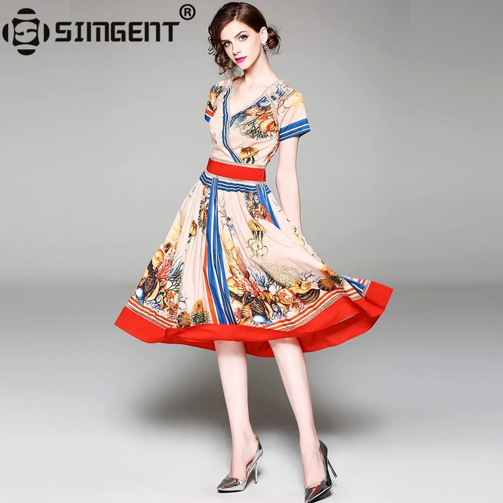 

Simgent Summer Women Short Sleeve V-Neck Hollow Out Patchwork Printing Casual Office Pleated Dress Woman Cloth Vestidos SG84284