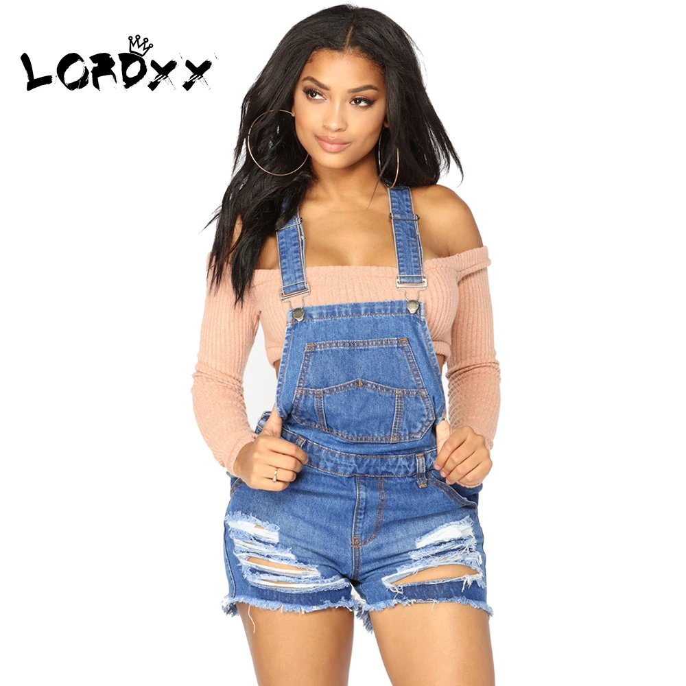 LORDXX Women Ripped Denim Short Overall Summer Casual Short Rompers