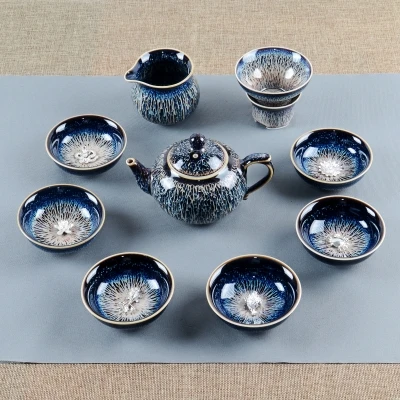 Цзиндэчжэнь Чайный набор кунг-фу с серебряными чашками знаменитый Jianzhan чайный горшок чайные чашки домашний весь набор высококлассная керамическая печь - Цвет: 11 Sets