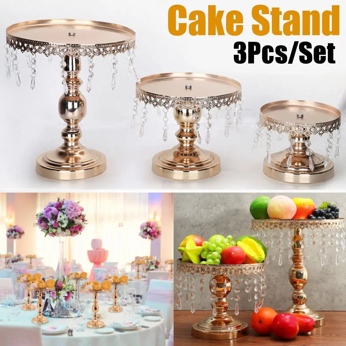 

3Pcs/set Wedding Dessert Tray Cake Stand Holder Gold Mirror Surface Wedding Party Birthday Decoration Pan Cake Cookies Display