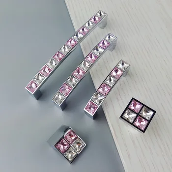 Super Shiny Real Crystal Glass Diamond Pink Handle Furniture Sliding Door Drawer Knob Wardrobe Kitchen Cabinets Cupboard Pulls