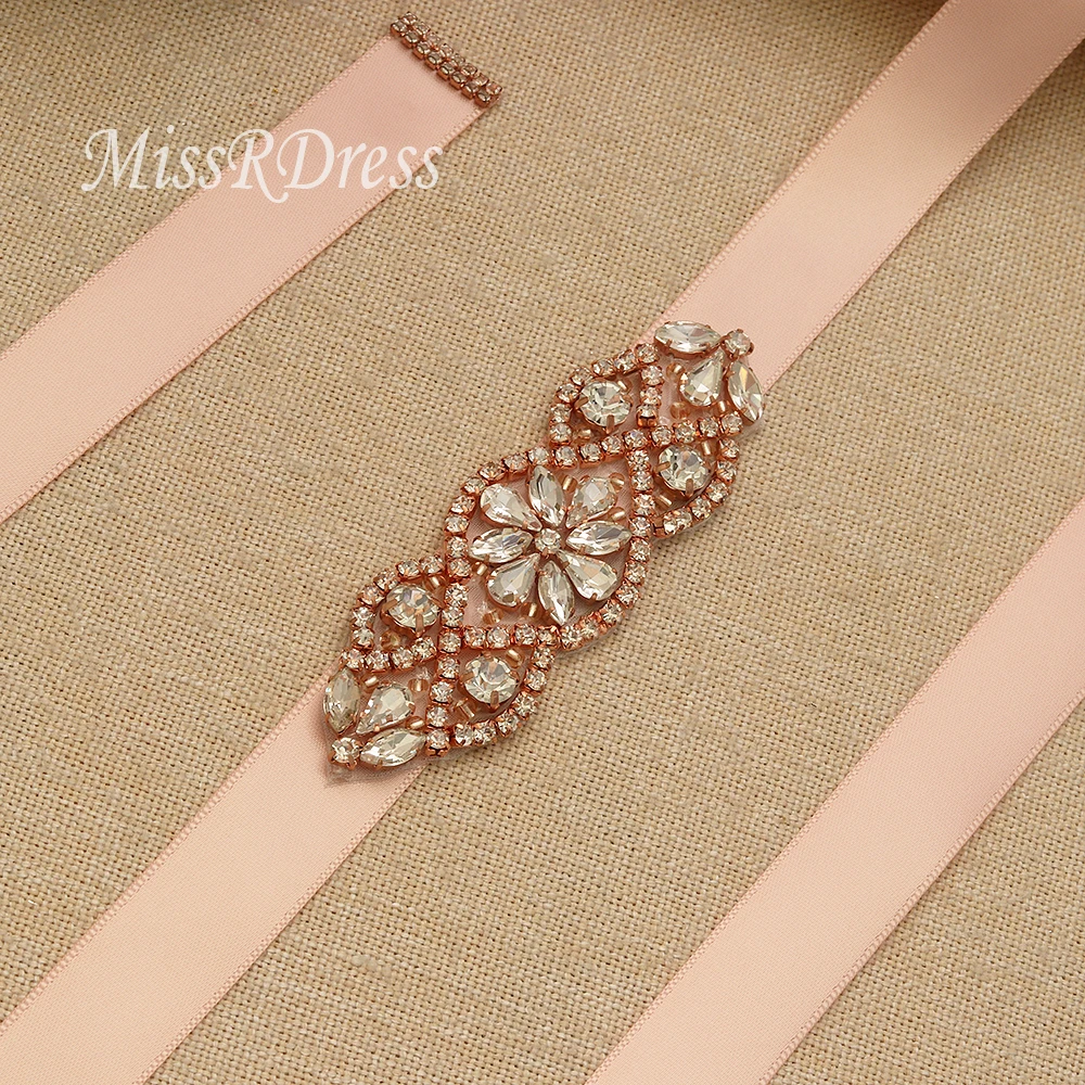 MissRDress Hand Beaded Bridal Belt Rhinestones Bridal Sash Rose Gold Crystal Wedding Sash Belt For Wedding Party Gown JK853