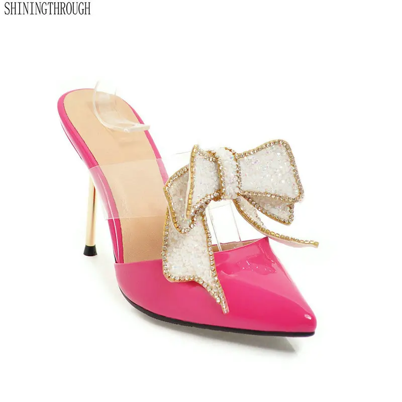 

New high heels slippers women sandals poined toe big bowties party shoes 10cm thin heels model dress shoes big size 43