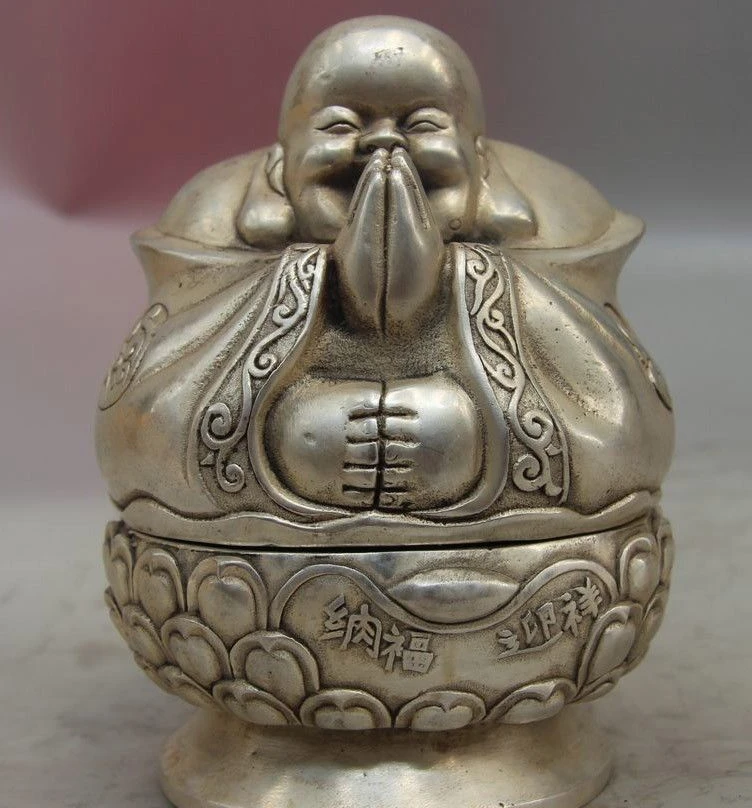 

China White Copper Silver Maitreya Buddha Fu Lucky Lotus Incense Burner Censer