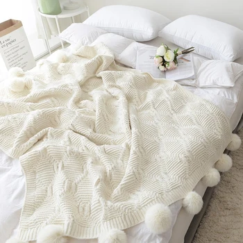 

130*160cm Knit Throw Blanket With Fur Ball Adult Sofa Bedding Decorative Soft Warm Crocheted Cover Air Condition Quilt for Bed