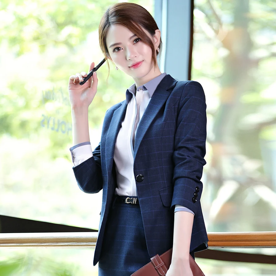 Blue Blazer Jacket Plaid Women Casual Slim Plus Size