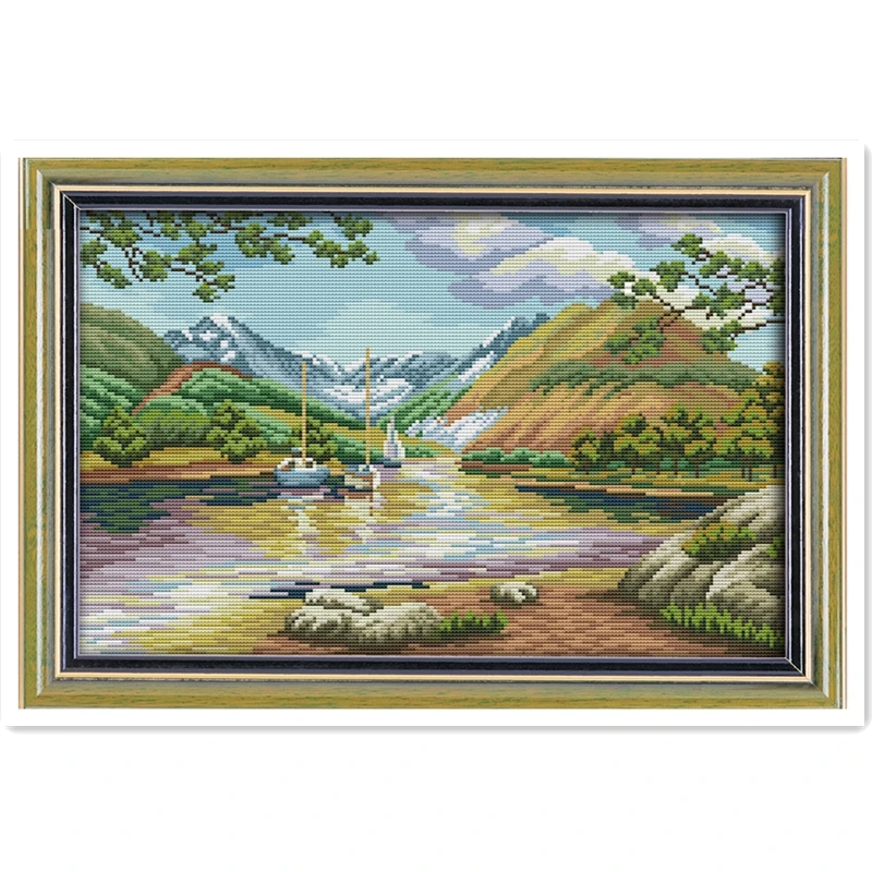 

Landscape Of Lakes And Hills DMC Cross Stitch Fabric 11CT Printed On Canvas Chinese Counted Cross Stitch Patterns Kit Home Decor