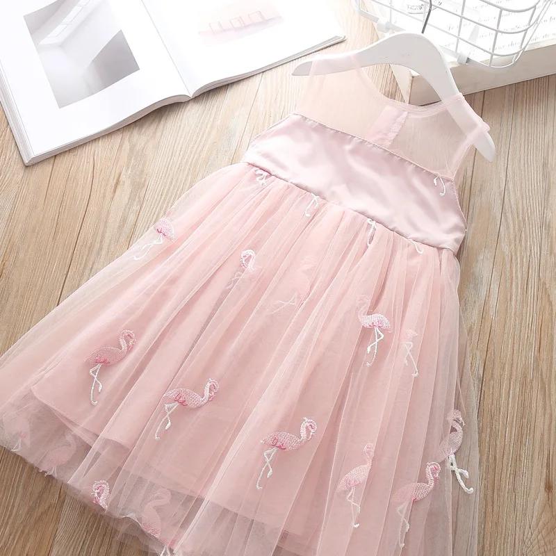 

Baby Flamingo Embroidered Mesh Dress For Girl Sleeveless Princess Dresses Children's Yarn Vestido Girls Clothing 2-7Y Outwear