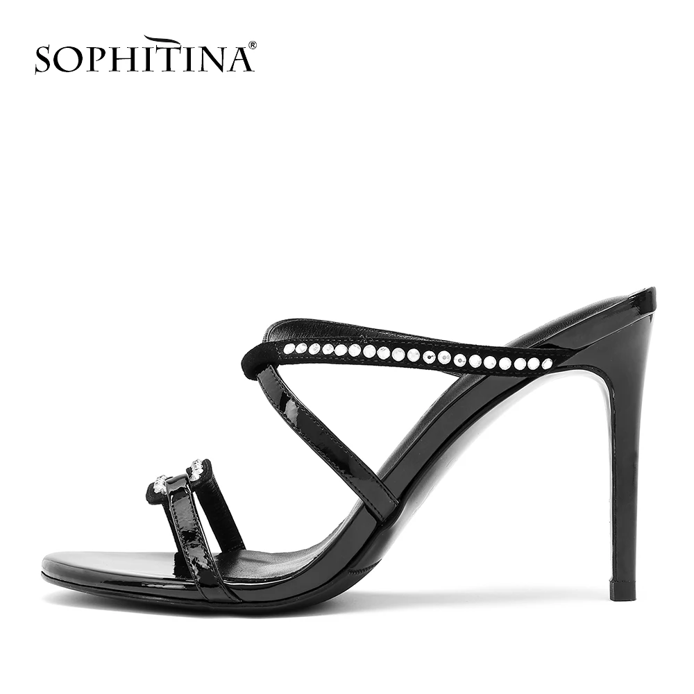 

SOPHITINA Woman Sandals Fashion Bling Crystal Mules Sexy Thin High Heels Shoes Black Patent Leather Party Lady Sandals P0170