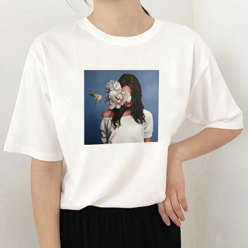 

New Cotton Harajuku Aesthetics T-shirt Sexy Flower Feather Print Short Sleeve Top & T-Shirt Fashion Casual Couple T-Shirt top