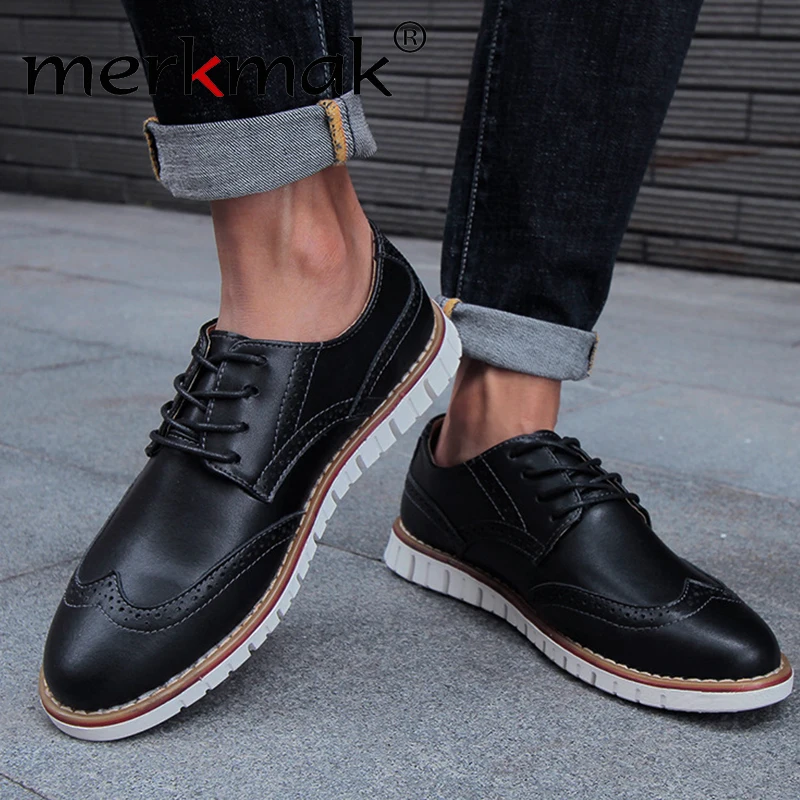 

merkmak Brand Brogue Brown Red Black Men Business Dress Shoes Pointed Toe Men Wedding Shoes Leather Formal Shoes casual flats