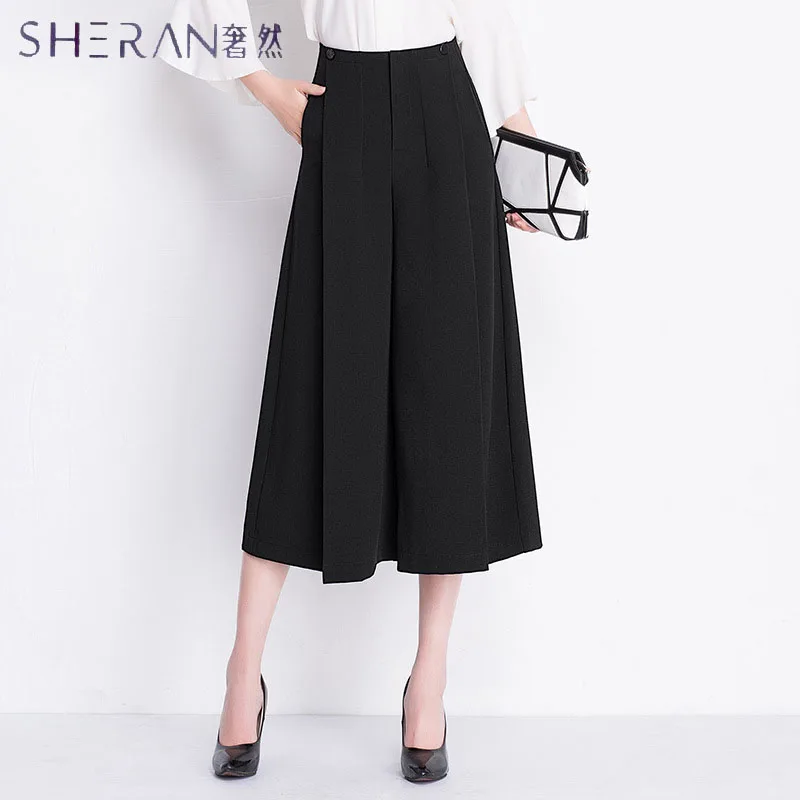 

SHERAN Plus size Women Pure black Wide Leg Loose Skirt Pants 2018 Spring New Fashion Wild Pants Skirt Trousers Ladies Clothing