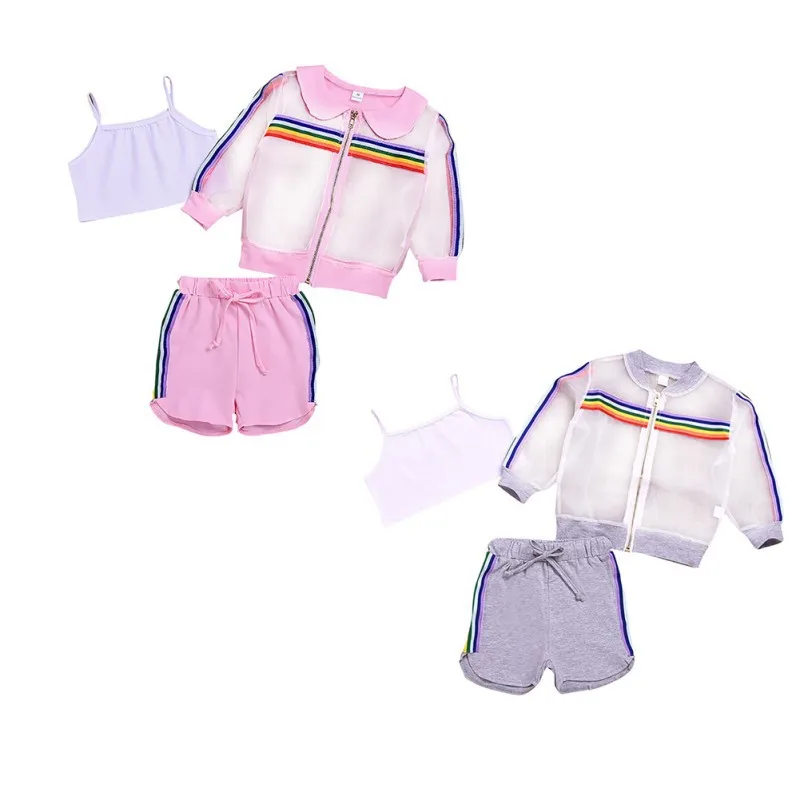 

1 Set Summer Children Sunscreen Baby Girls Casual Long Sleeve Zipper Striped Print Kids Tops Shorts Suits