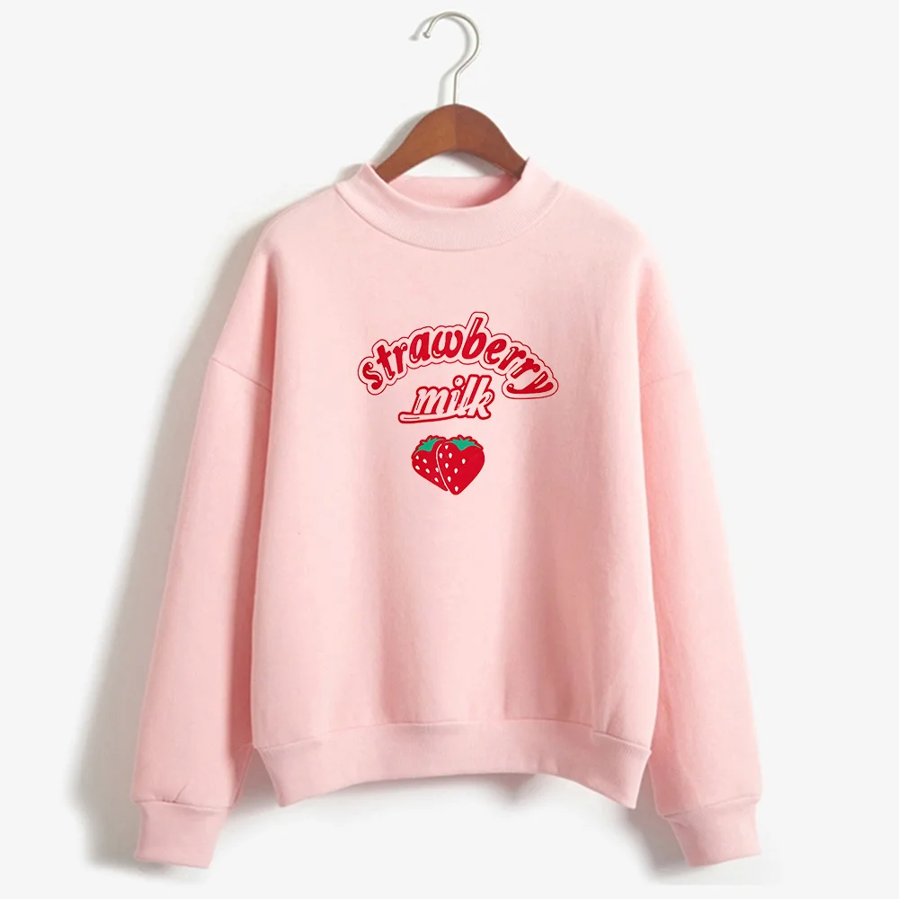 

Korea KPOP Strawberry Milk Graphic Sweatshirt Women Tops 2019 Turtleneck Kawaii Clothes Women Loose Slim Sweatshirt and Pullover